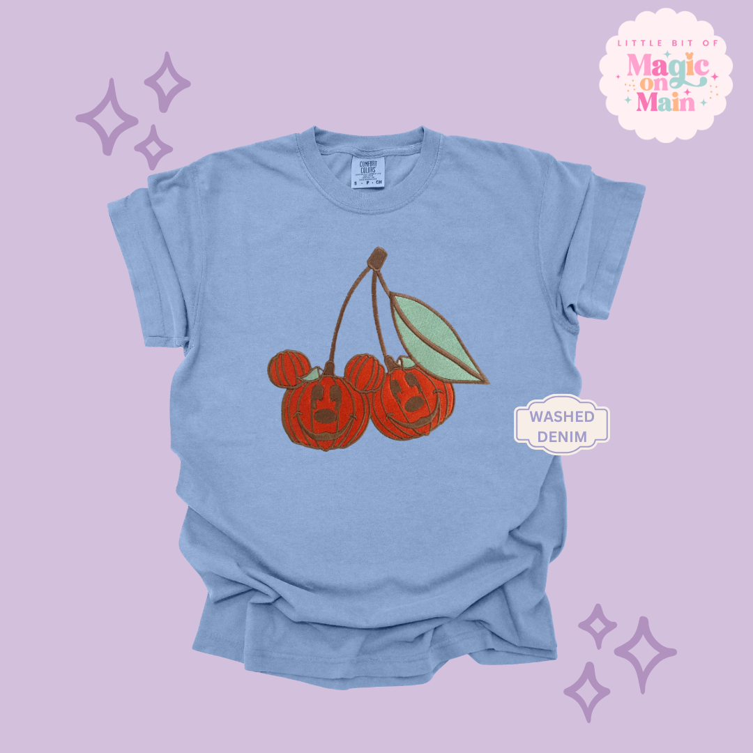 EMBROIDERED MICKEY PUMPKIN CHERRY - ADULT T-SHIRT