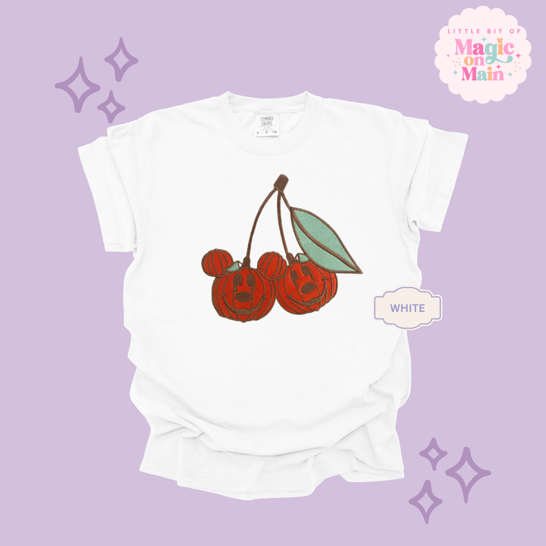 EMBROIDERED MICKEY PUMPKIN CHERRY - ADULT T-SHIRT