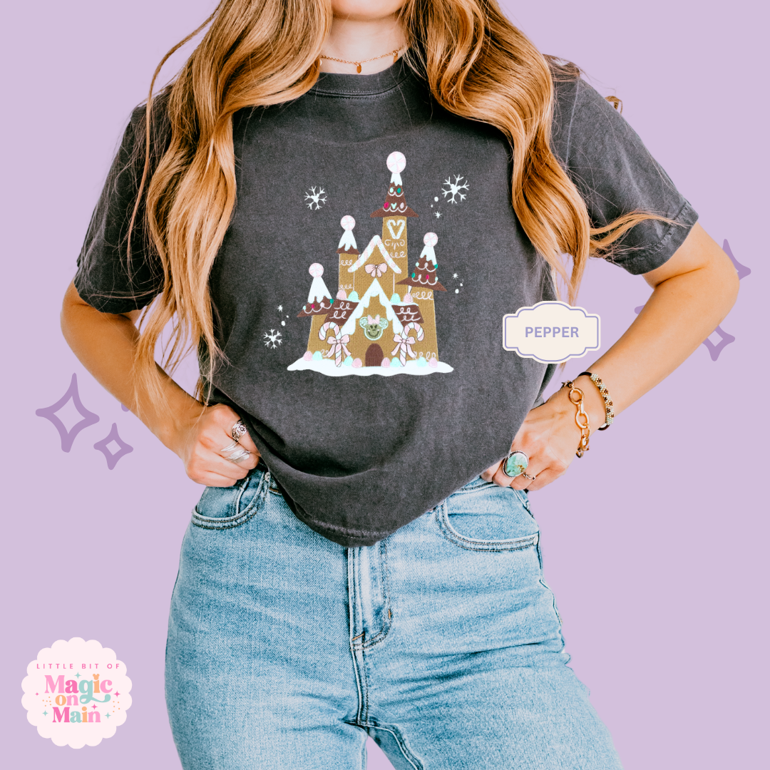 EMBROIDERED EMBROIDERED GINGERBREAD CASTLE - EXCLUSIVE TO MoM - WOMENS BOXY T-SHIRT