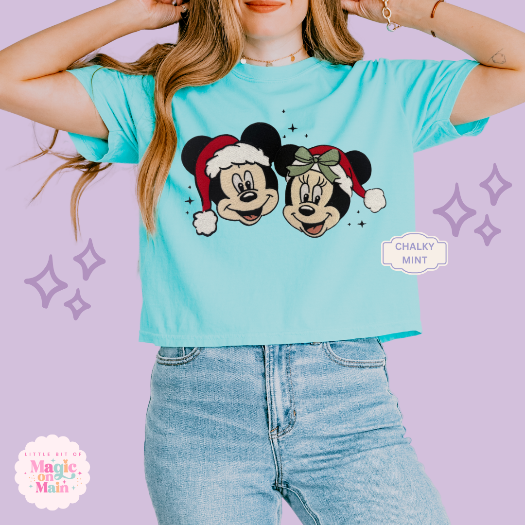 EMBROIDERED MICKEY & MINNIE CHRISTMAS - WOMENS BOXY T-SHIRT