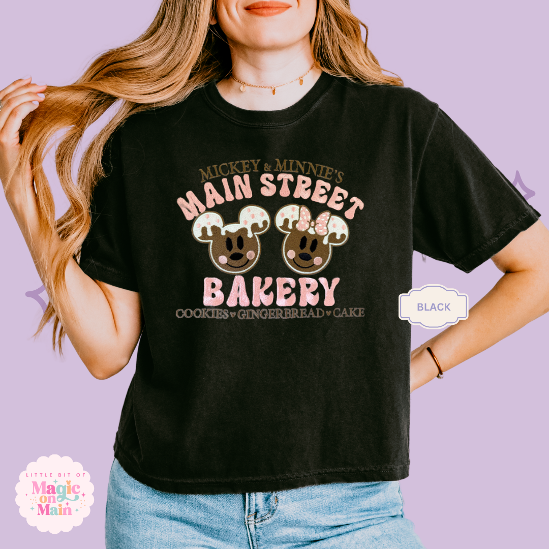 EMBROIDERED MAIN STREET BAKERY PINK - WOMENS BOXY T-SHIRT