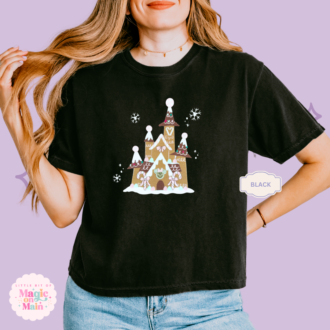 EMBROIDERED EMBROIDERED GINGERBREAD CASTLE - EXCLUSIVE TO MoM - WOMENS BOXY T-SHIRT