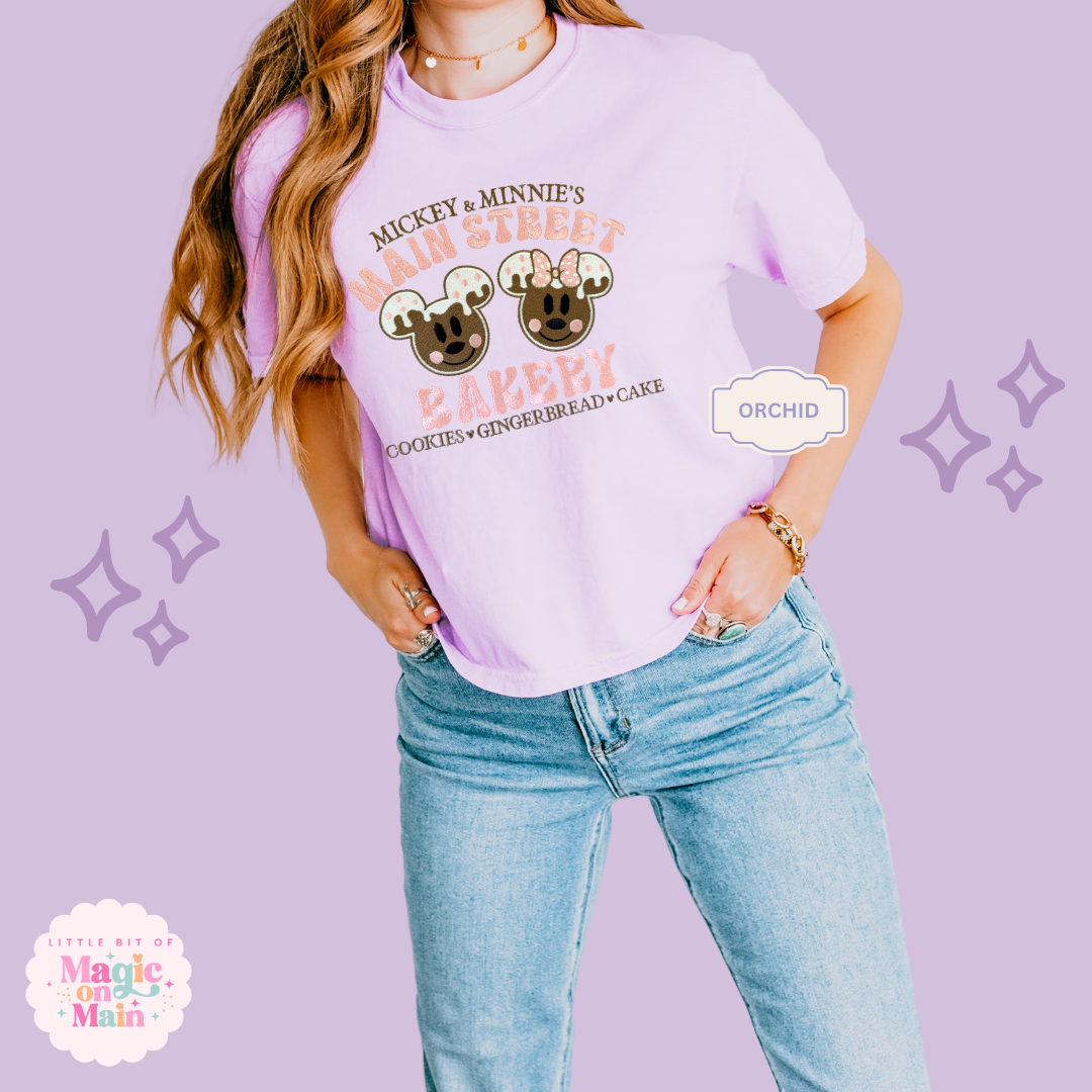 EMBROIDERED MAIN STREET BAKERY PINK - WOMENS BOXY T-SHIRT