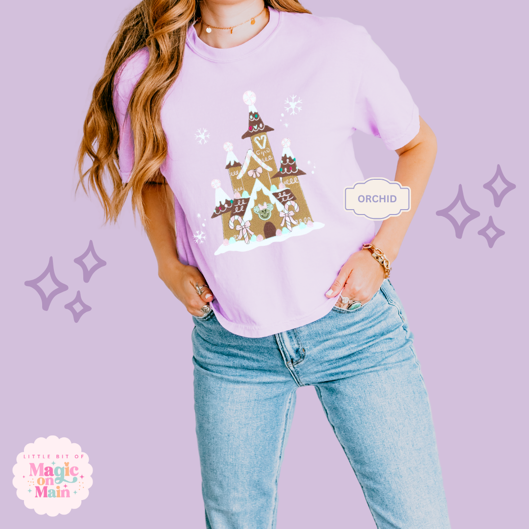 EMBROIDERED EMBROIDERED GINGERBREAD CASTLE - EXCLUSIVE TO MoM - WOMENS BOXY T-SHIRT