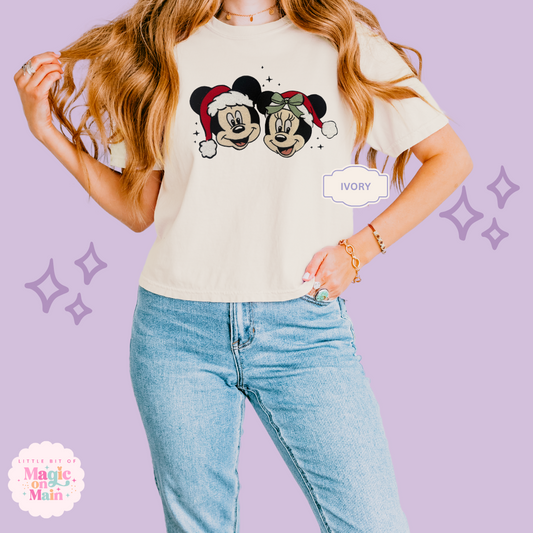 EMBROIDERED MICKEY & MINNIE CHRISTMAS - WOMENS BOXY T-SHIRT