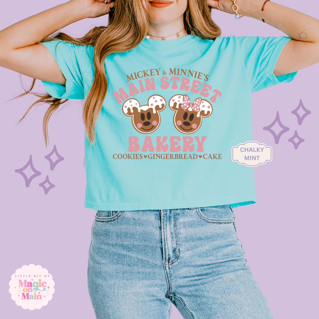 PRINTED MAIN STREET BAKERY PINK - WOMENS BOXY T-SHIRT