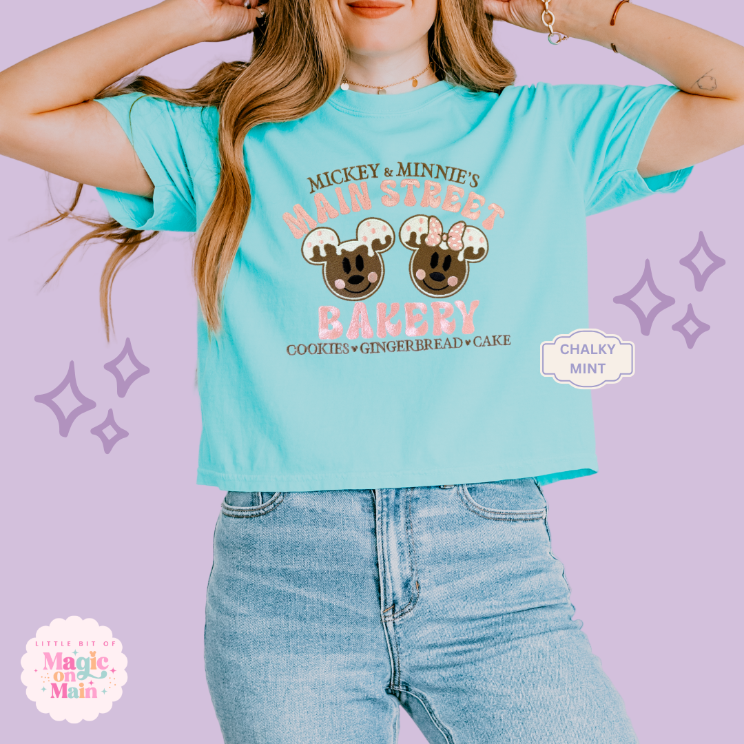 EMBROIDERED MAIN STREET BAKERY PINK - WOMENS BOXY T-SHIRT