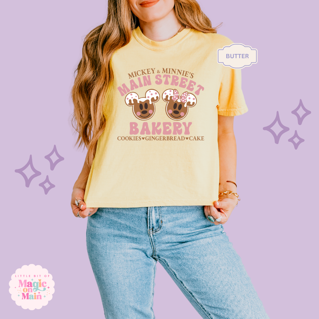 PRINTED MAIN STREET BAKERY PINK - WOMENS BOXY T-SHIRT