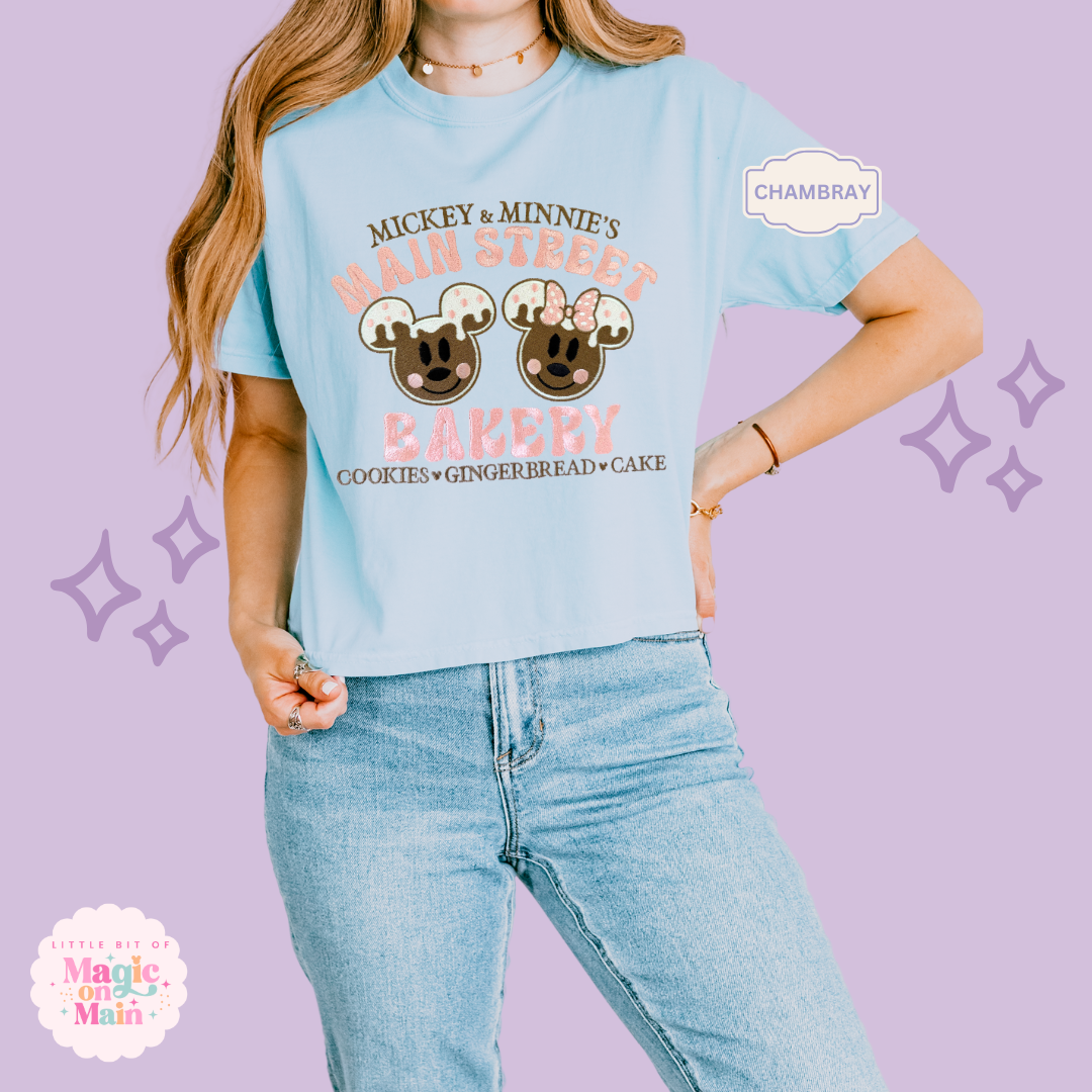 EMBROIDERED MAIN STREET BAKERY PINK - WOMENS BOXY T-SHIRT