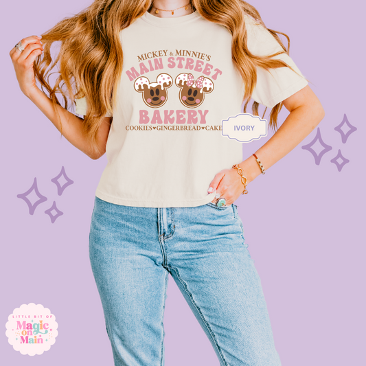 PRINTED MAIN STREET BAKERY PINK - WOMENS BOXY T-SHIRT
