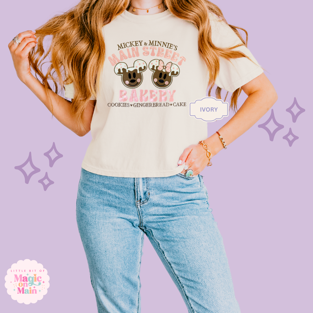 EMBROIDERED MAIN STREET BAKERY PINK - WOMENS BOXY T-SHIRT