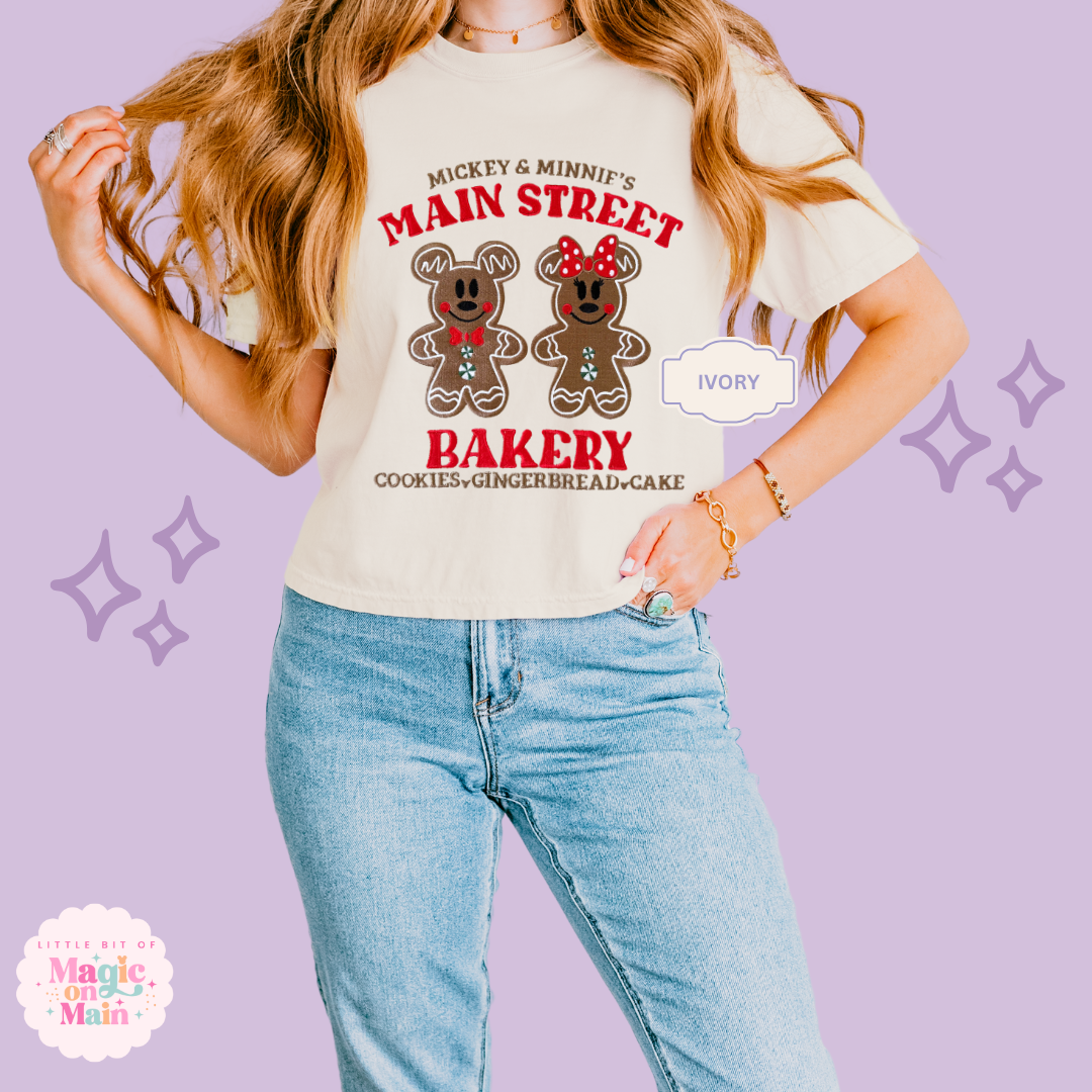 EMBROIDERED MAIN STREET BAKERY RED - WOMENS BOXY T-SHIRT
