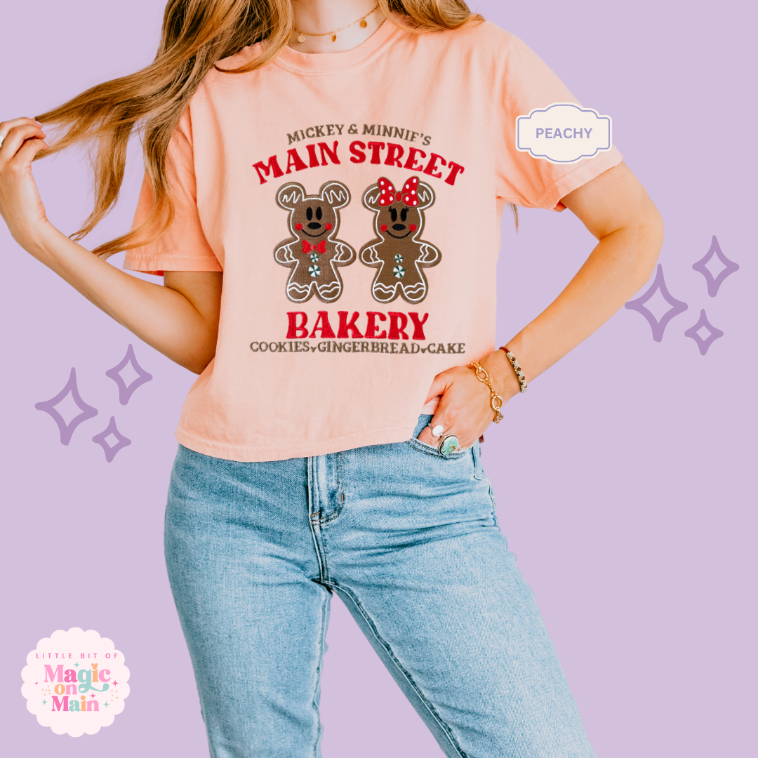 EMBROIDERED MAIN STREET BAKERY RED - WOMENS BOXY T-SHIRT