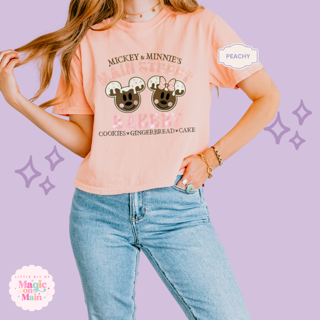 EMBROIDERED MAIN STREET BAKERY PINK - WOMENS BOXY T-SHIRT