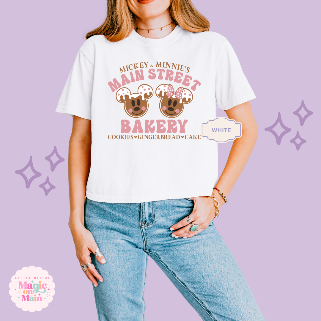 PRINTED MAIN STREET BAKERY PINK - WOMENS BOXY T-SHIRT