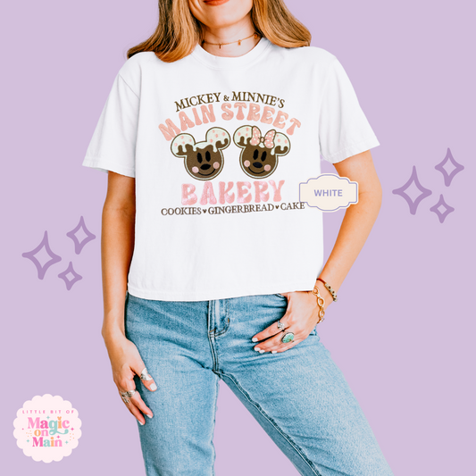 EMBROIDERED MAIN STREET BAKERY PINK - WOMENS BOXY T-SHIRT