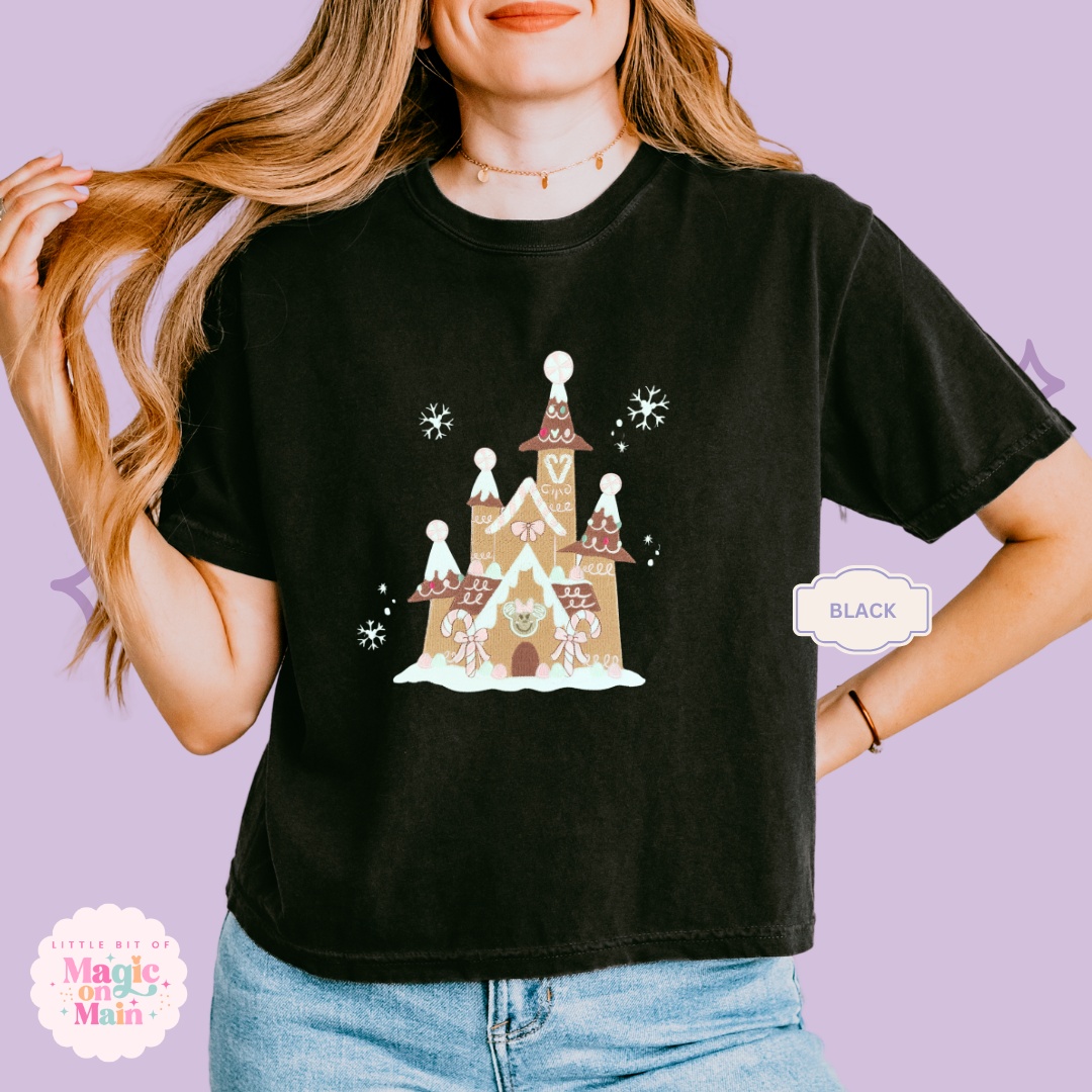 EMBROIDERED GINGERBREAD CASTLE - EXCLUSIVE TO MOM - WOMENS BOXY T-SHIRT