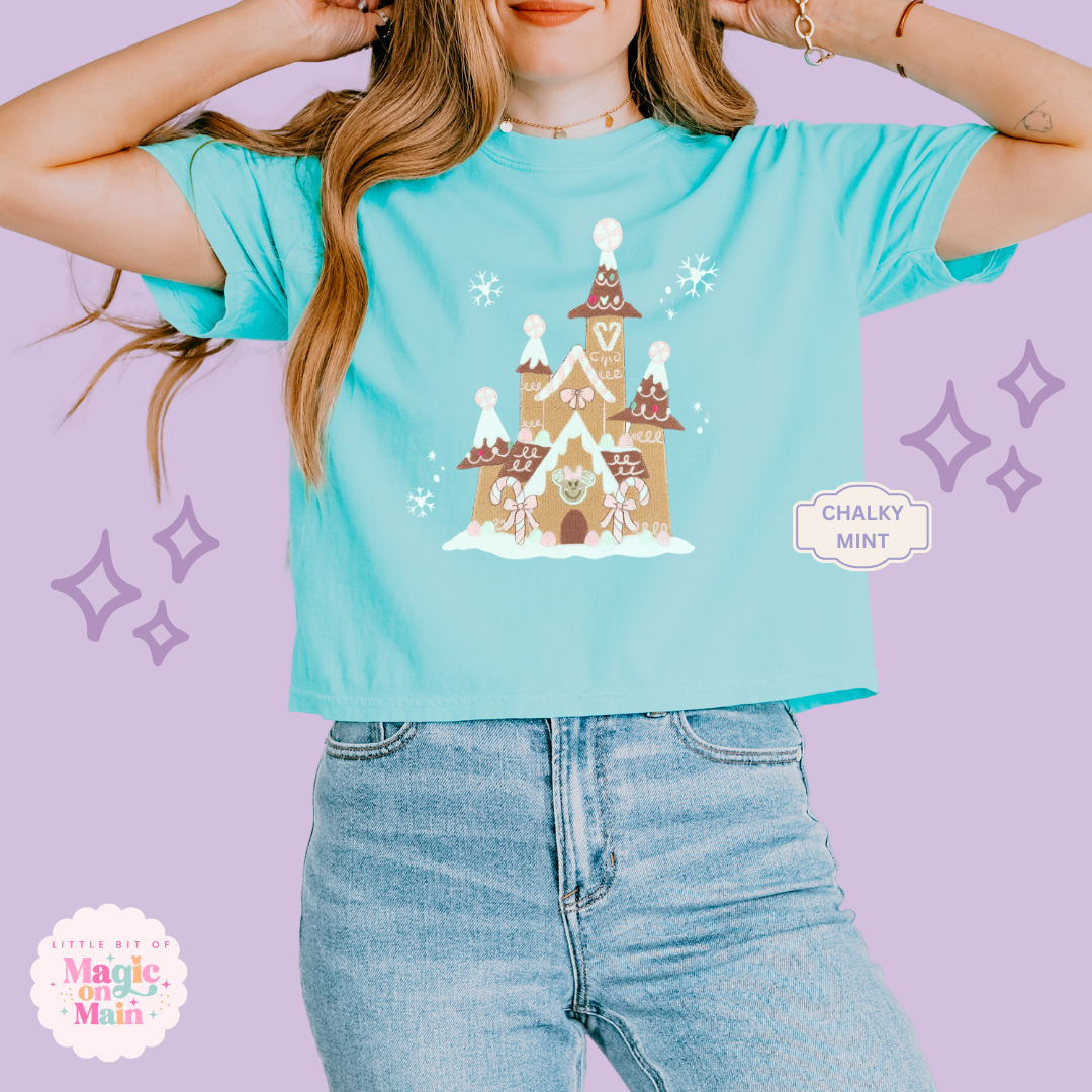 EMBROIDERED GINGERBREAD CASTLE - EXCLUSIVE TO MOM - WOMENS BOXY T-SHIRT