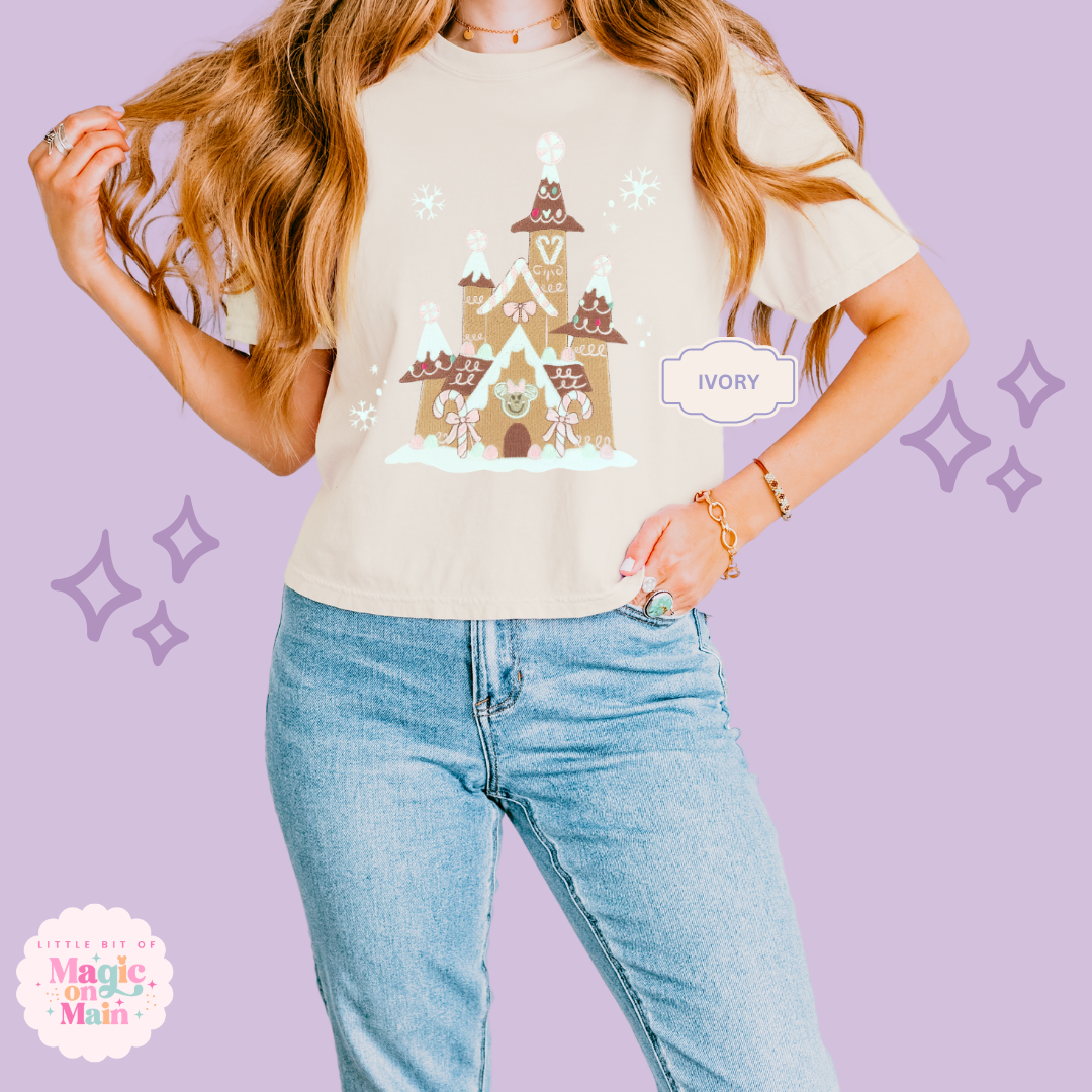 EMBROIDERED GINGERBREAD CASTLE - EXCLUSIVE TO MOM - WOMENS BOXY T-SHIRT