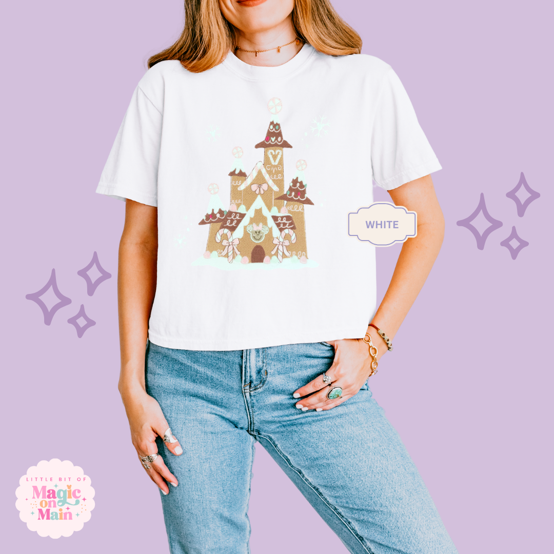 EMBROIDERED GINGERBREAD CASTLE - EXCLUSIVE TO MOM - WOMENS BOXY T-SHIRT