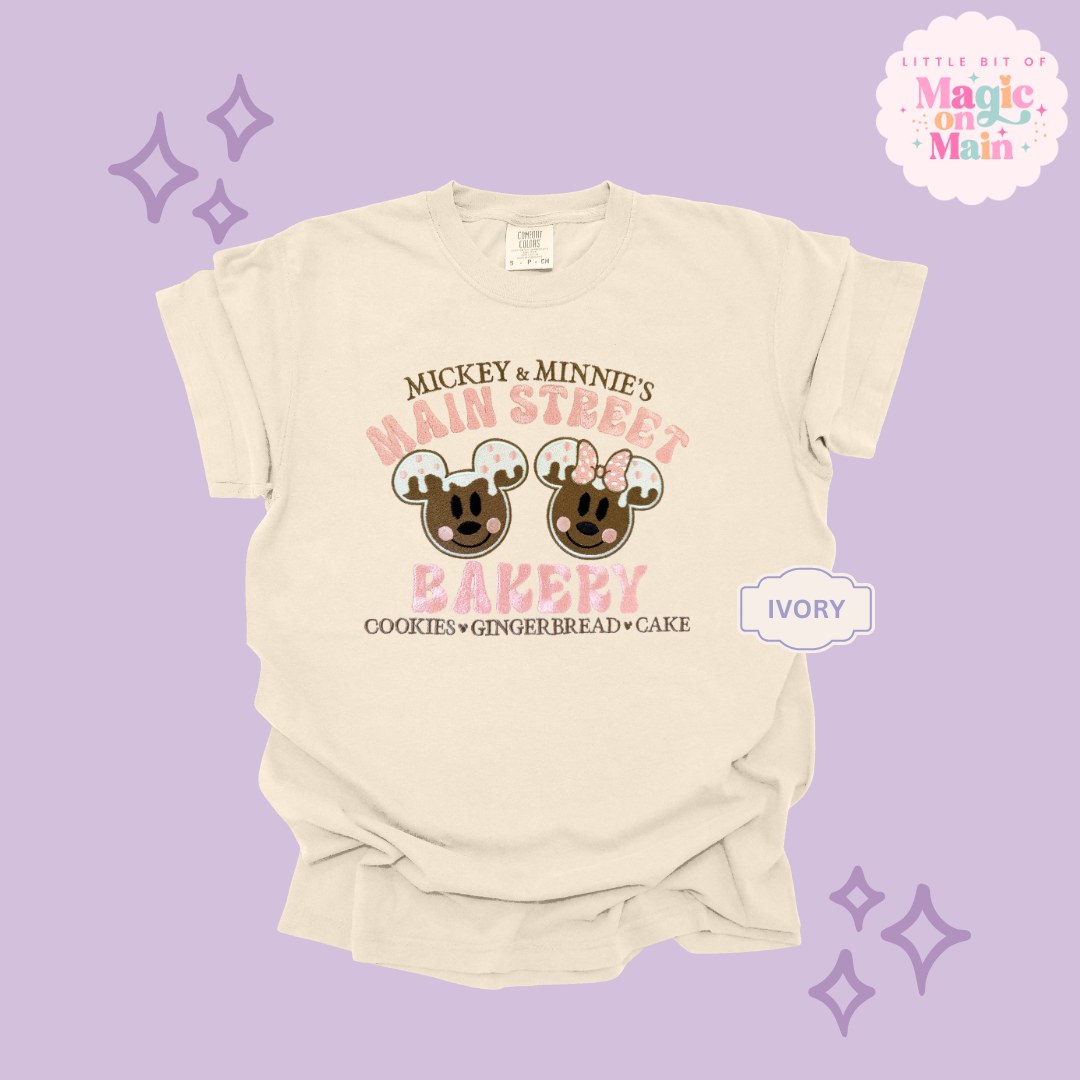 EMBROIDERED MAIN STREET BAKERY PINK - ADULT T-SHIRT