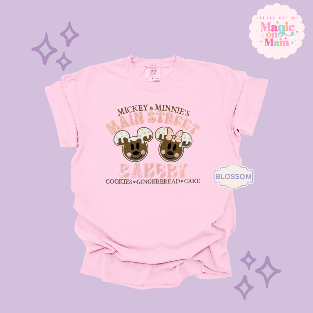EMBROIDERED MAIN STREET BAKERY PINK - ADULT T-SHIRT