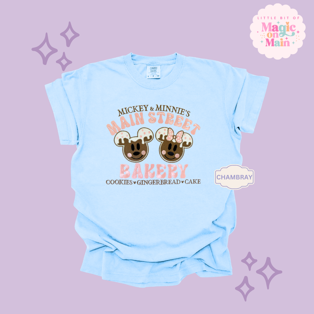 EMBROIDERED MAIN STREET BAKERY PINK - ADULT T-SHIRT