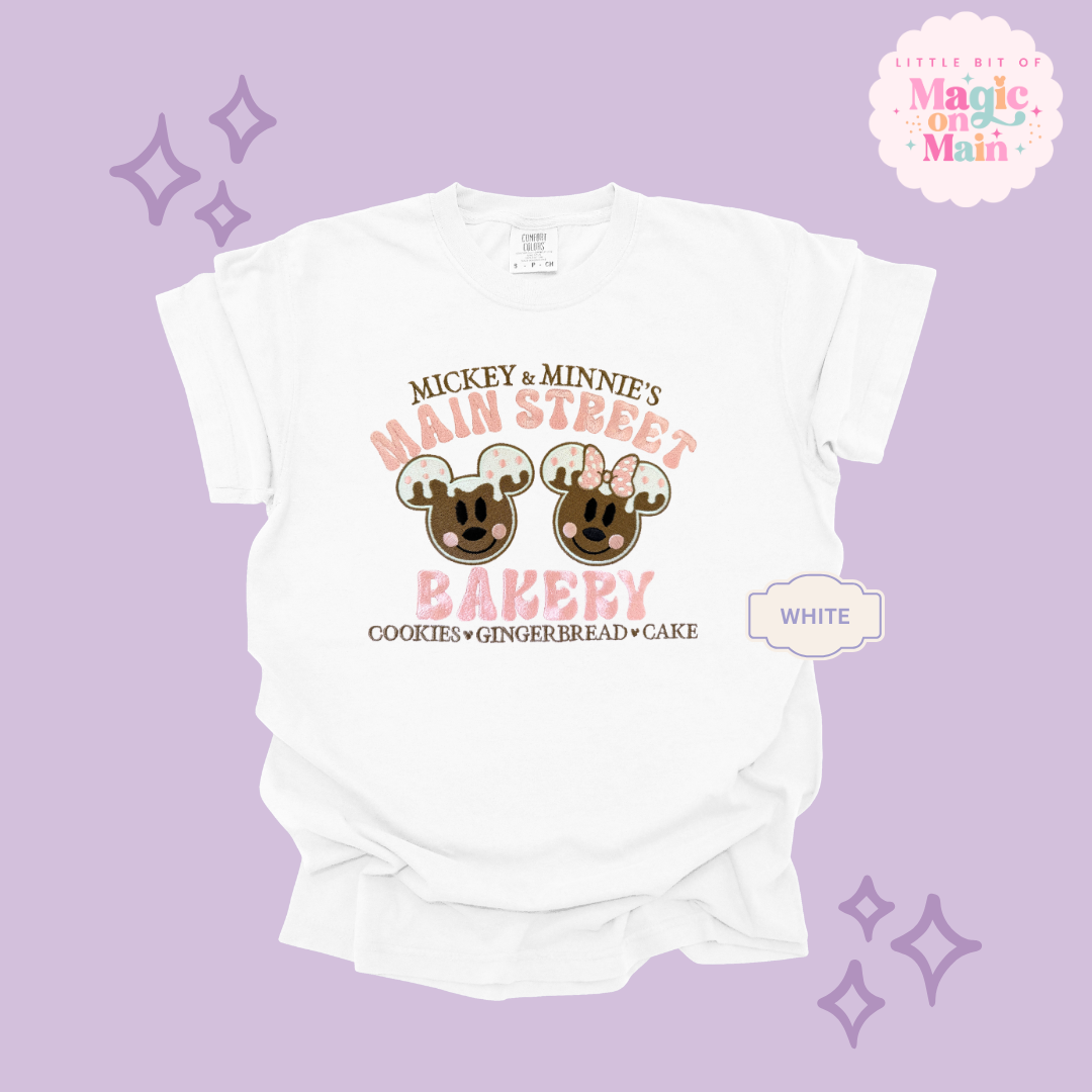 EMBROIDERED MAIN STREET BAKERY PINK - ADULT T-SHIRT