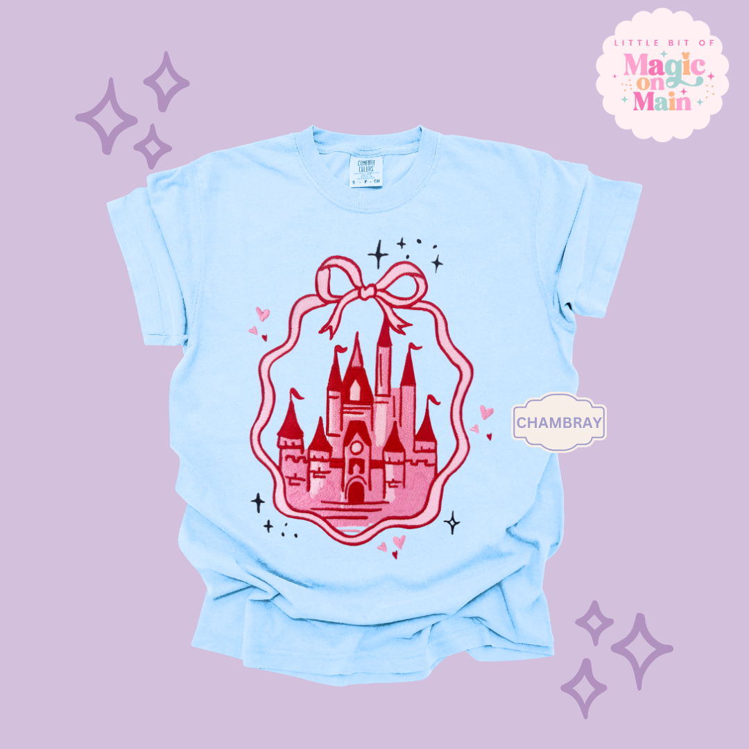 EMBROIDERED PINK CASTLE - ADULT T-SHIRT 10003