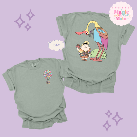 PRINTED HOUSE WITH BALLOONS - FRONT AND BACK PRINT - ADULT T-SHIRT