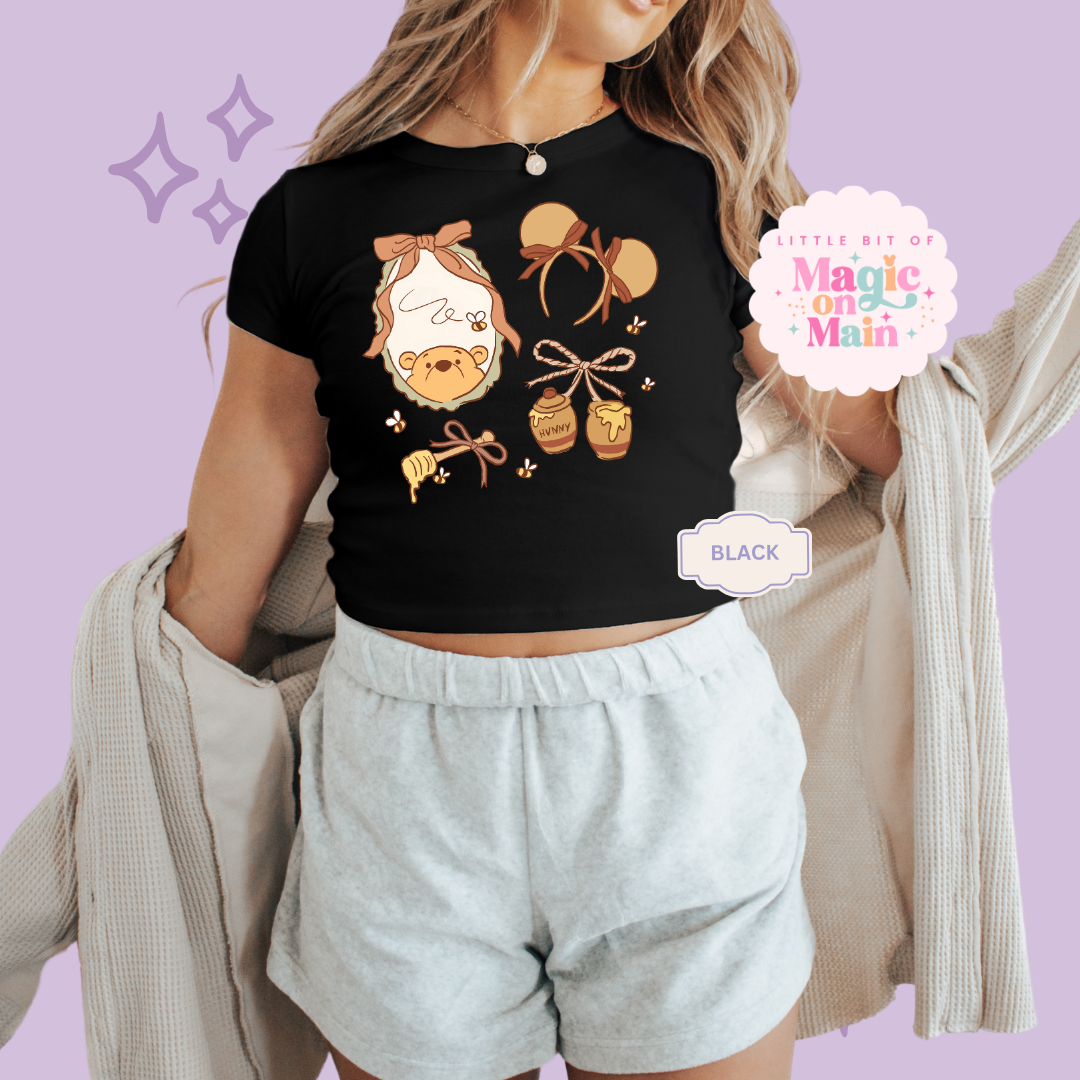 PRINTED WINNIE THE POOH COQUETTE - WOMENS CROPPED RIBBED BABY TEE