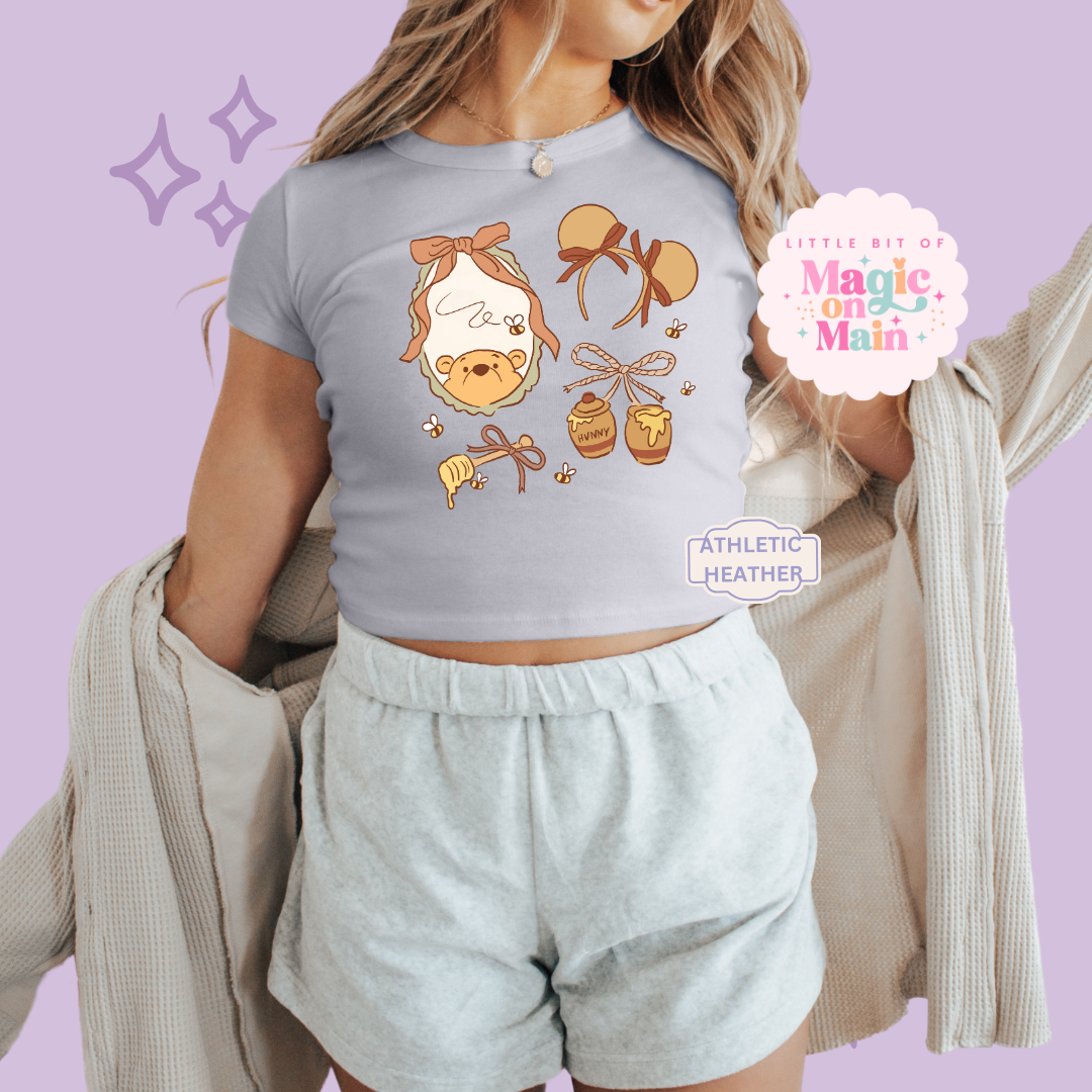 PRINTED WINNIE THE POOH COQUETTE - WOMENS CROPPED RIBBED BABY TEE