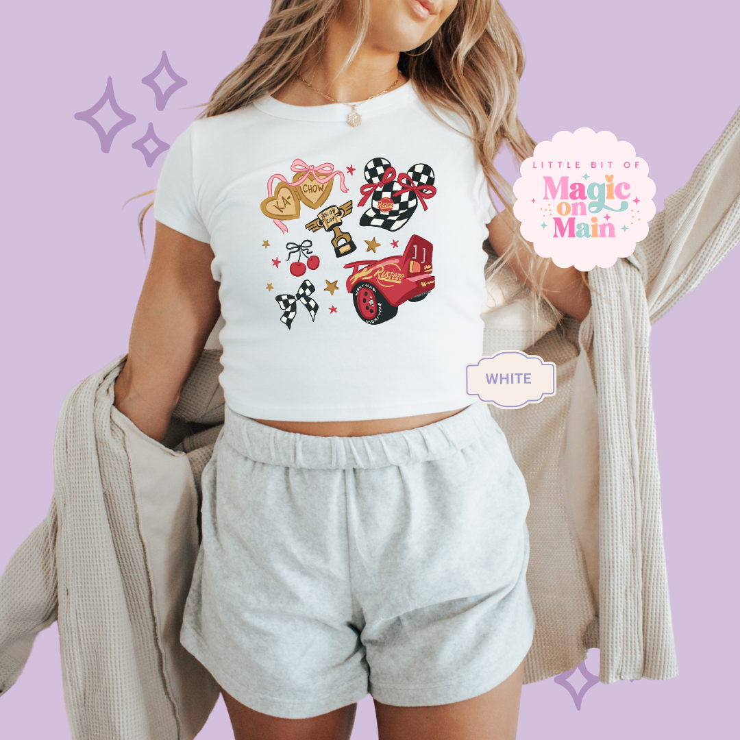 PRINTED RED CAR ELEMENTS COQUETTE - WOMENS CROPPED RIBBED BABY TEE