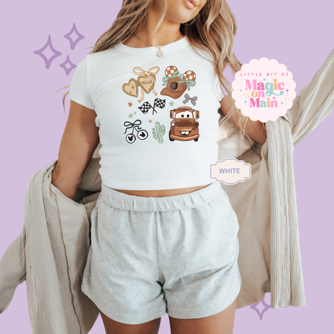 PRINTED BROWN TRUCK COQUETTE - WOMENS CROPPED RIBBED BABY TEE