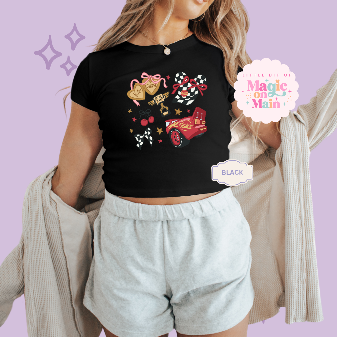 PRINTED RED CAR ELEMENTS COQUETTE - WOMENS CROPPED RIBBED BABY TEE