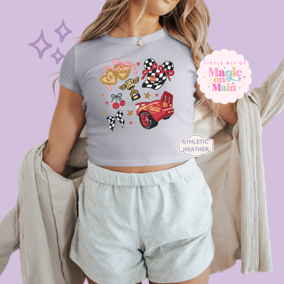 PRINTED RED CAR ELEMENTS COQUETTE - WOMENS CROPPED RIBBED BABY TEE