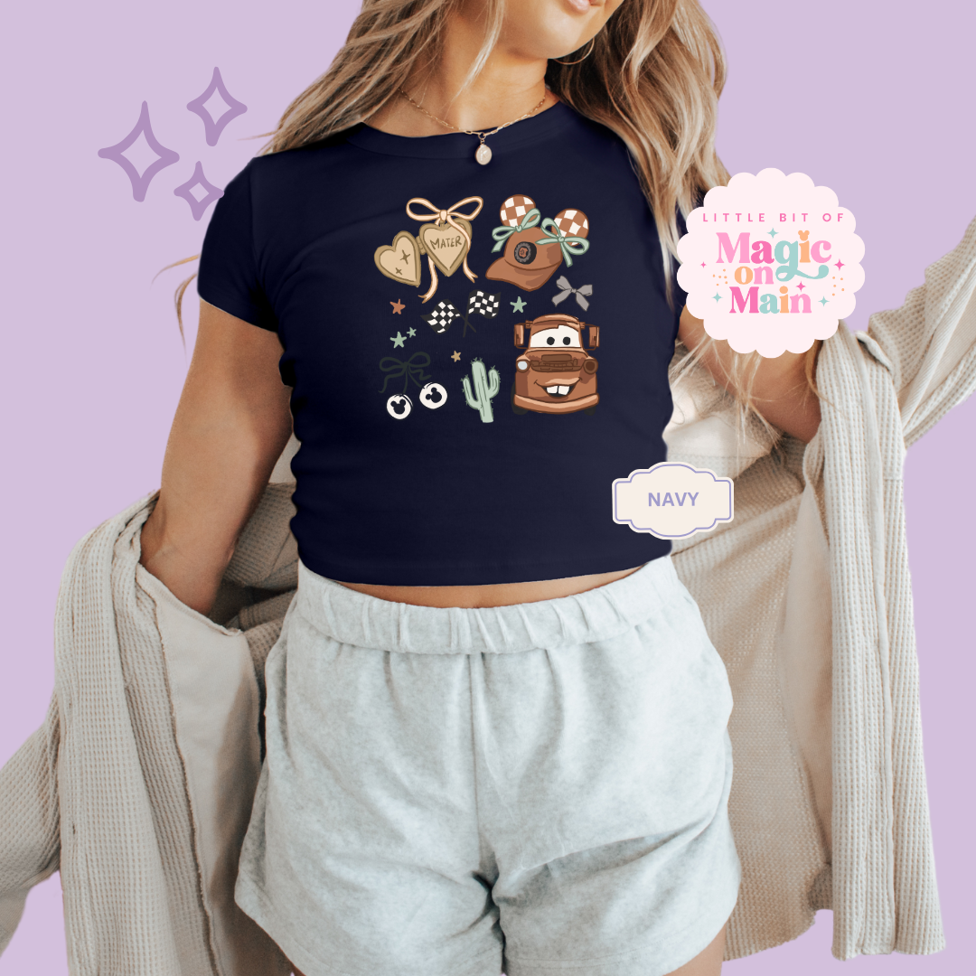 PRINTED BROWN TRUCK COQUETTE - WOMENS CROPPED RIBBED BABY TEE
