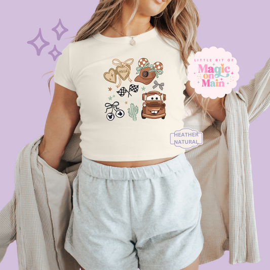 PRINTED BROWN TRUCK COQUETTE - WOMENS CROPPED RIBBED BABY TEE