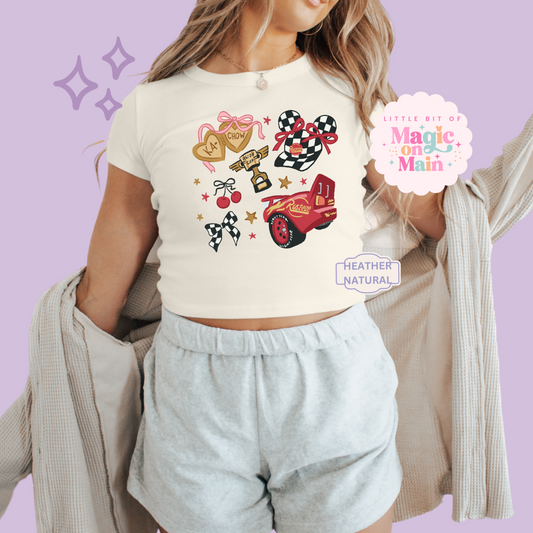 PRINTED RED CAR ELEMENTS COQUETTE - WOMENS CROPPED RIBBED BABY TEE
