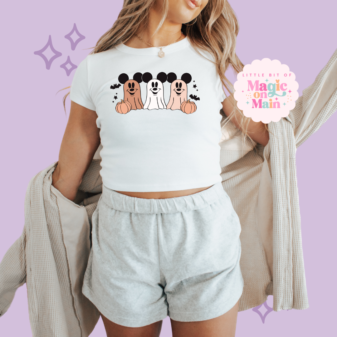 PRINTED 3 MICKEY GHOSTS  - WOMENS CROPPED RIBBED BABY TEE
