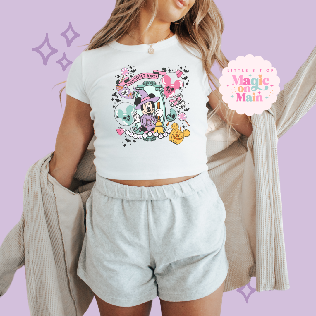 PRINTED NEON HALLOWEEN MINNIE - WOMENS CROPPED RIBBED BABY TEE
