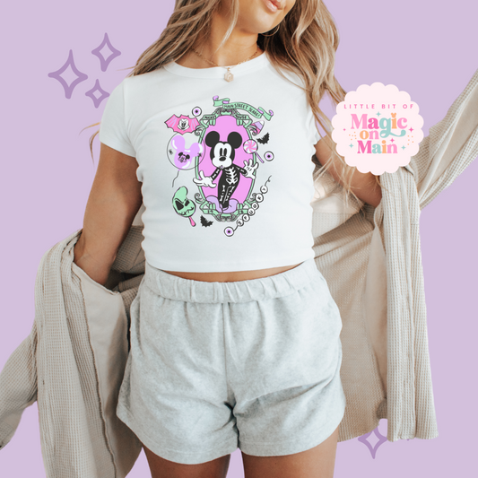 PRINTED NEON HALLOWEEN MICKEY - WOMENS CROPPED RIBBED BABY TEE