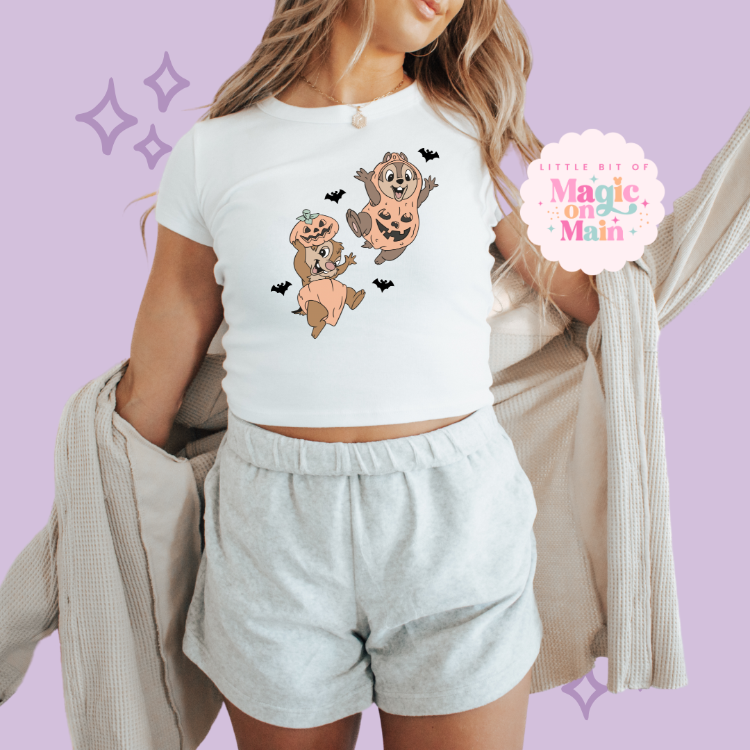 PRINTED HALLOWEEN CHIPMUNKS - WOMENS CROPPED RIBBED BABY TEE
