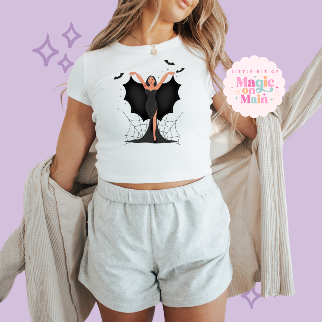 PRINTED SPOOKY POCAHONTAS - WOMENS CROPPED RIBBED BABY TEE
