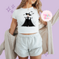 PRINTED SPOOKY CINDY - WOMENS CROPPED RIBBED BABY TEE