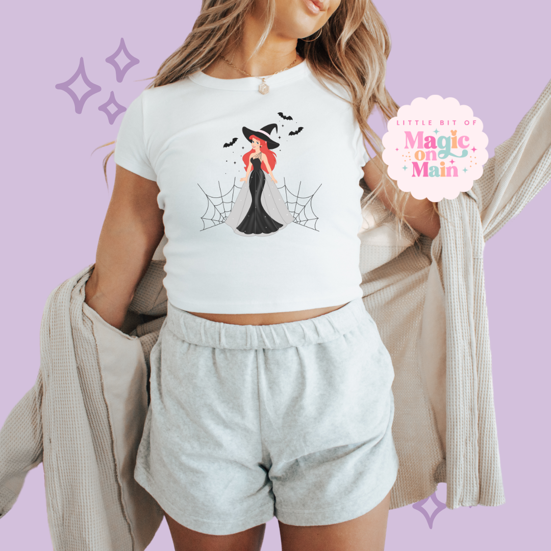 PRINTED SPOOKY ARIEL - WOMENS CROPPED RIBBED BABY TEE