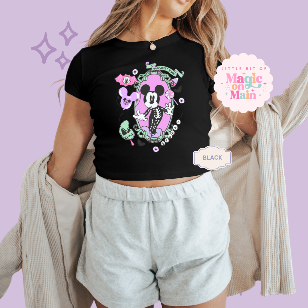 PRINTED NEON HALLOWEEN MICKEY - WOMENS CROPPED RIBBED BABY TEE