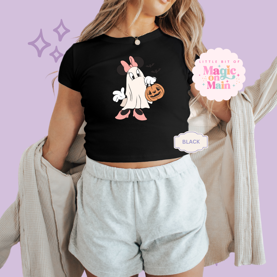 PRINTED GHOST MINNIE - WOMENS CROPPED RIBBED BABY TEE