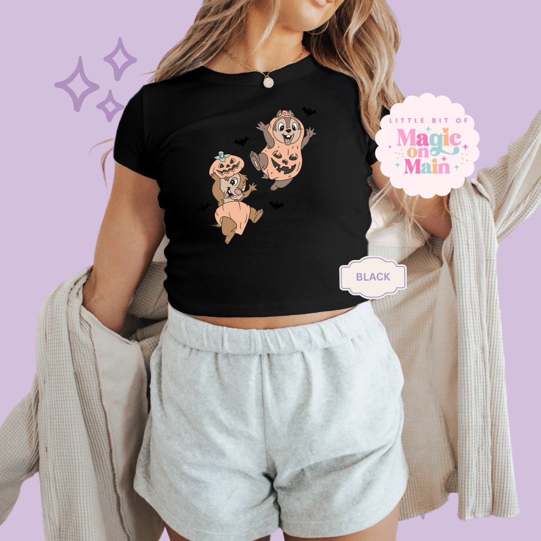 PRINTED HALLOWEEN CHIPMUNKS - WOMENS CROPPED RIBBED BABY TEE