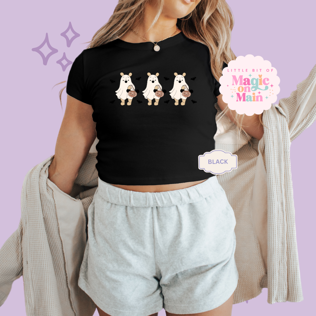 PRINTED SPOOKY POOH BEAR - WOMENS CROPPED RIBBED BABY TEE